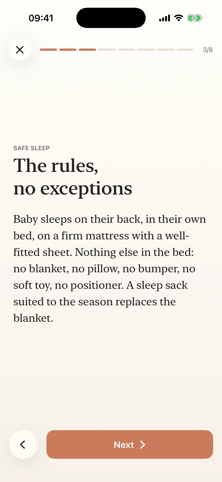 Article “Safe sleep” read page by page, with a progress bar