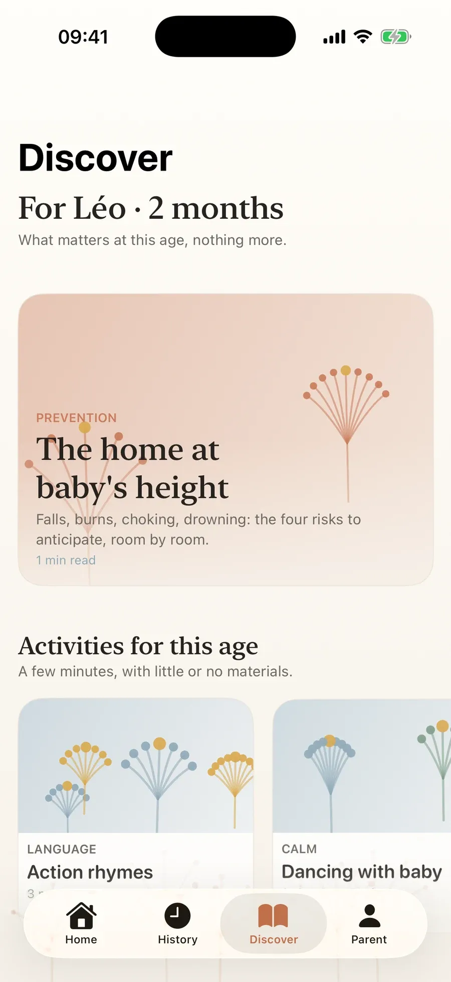 Discover: “For Léo · 2 months”, featured article, activities