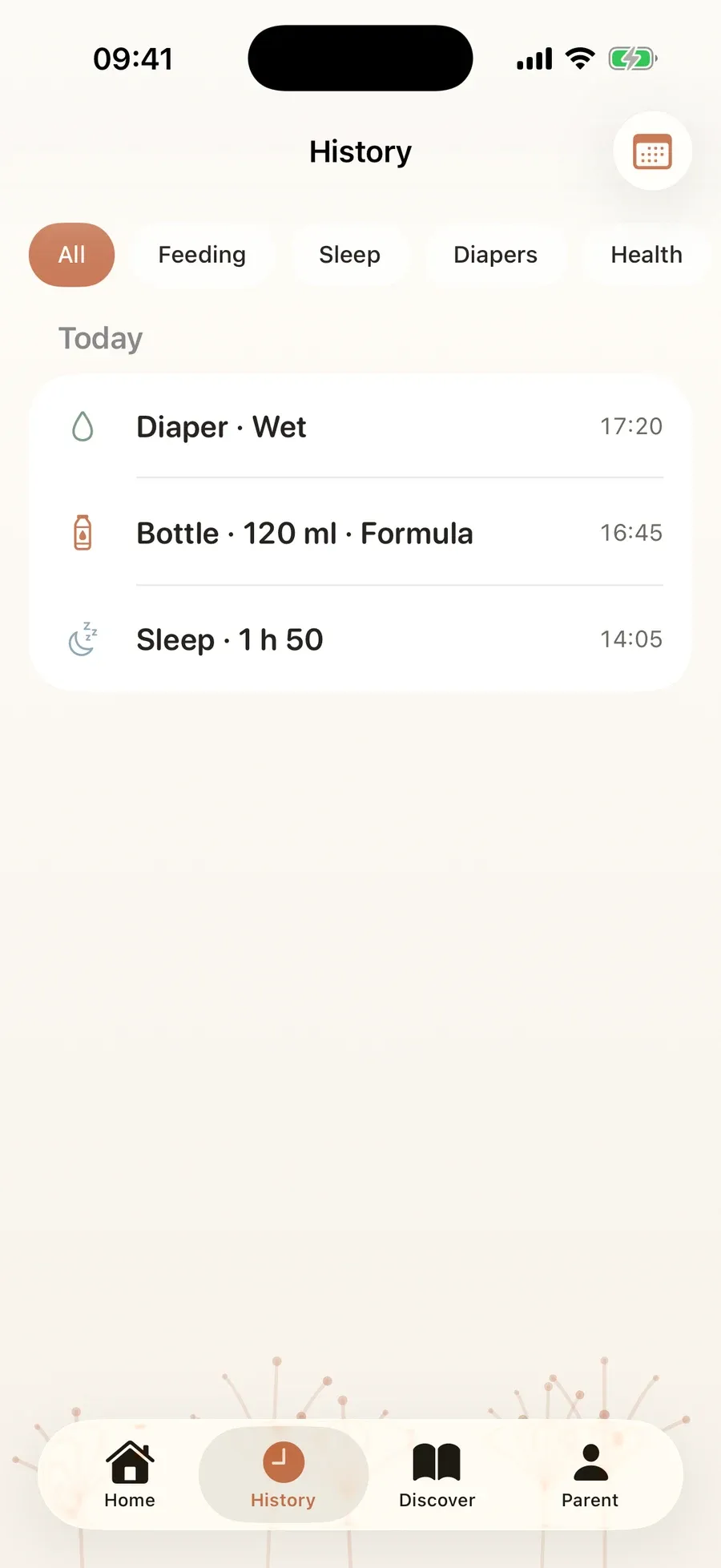 History: the day as a list, with filters