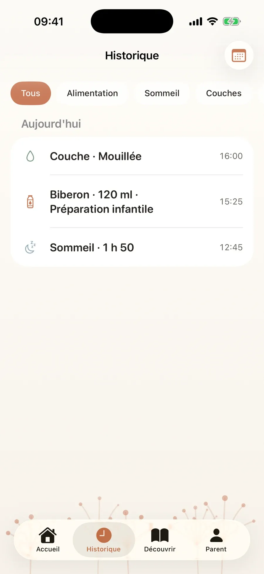 Historique : la journée en lignes, avec filtres