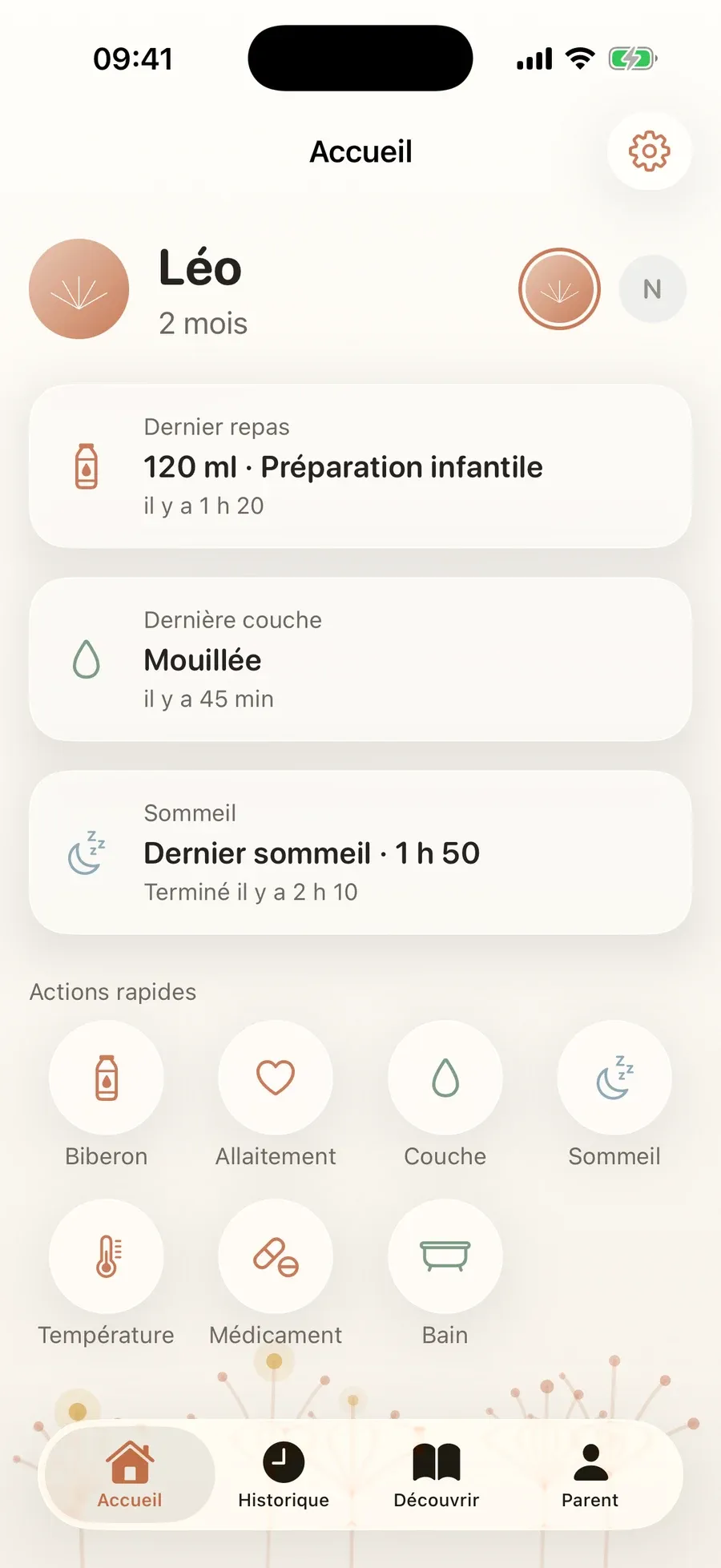 Accueil : Léo, 2 mois, dernier repas, dernière couche, dernier sommeil, actions rapides