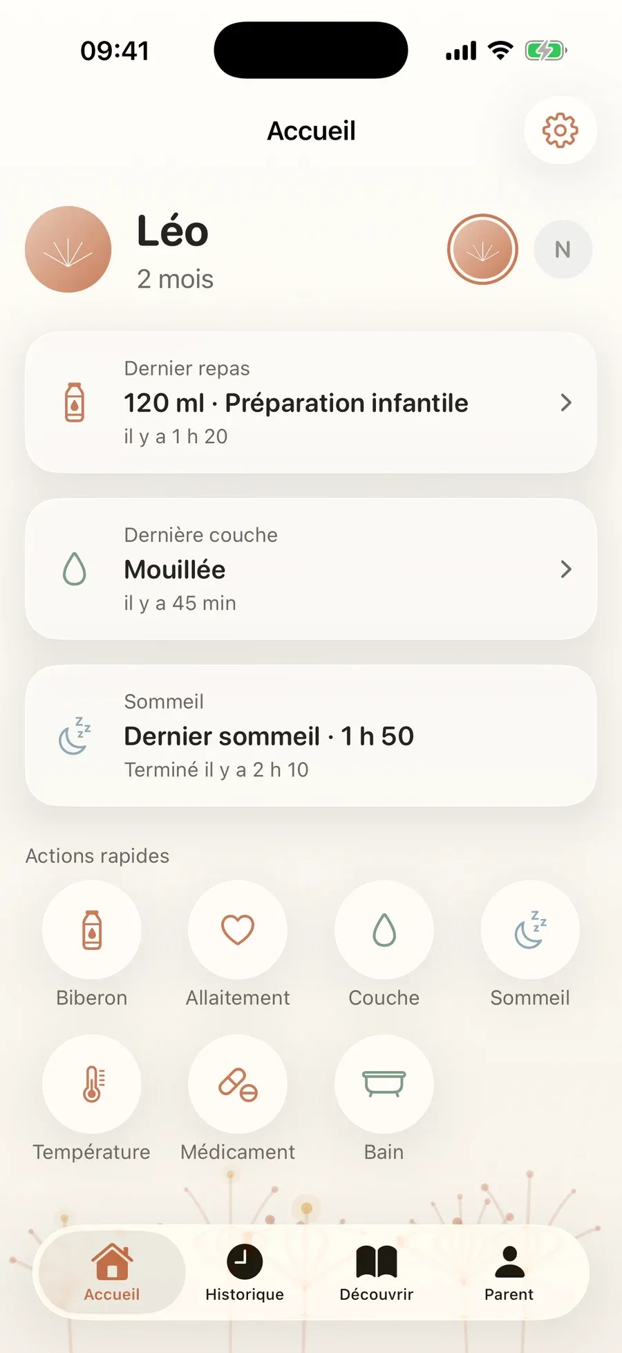 Accueil : Léo, 2 mois, dernier repas, dernière couche, dernier sommeil, actions rapides