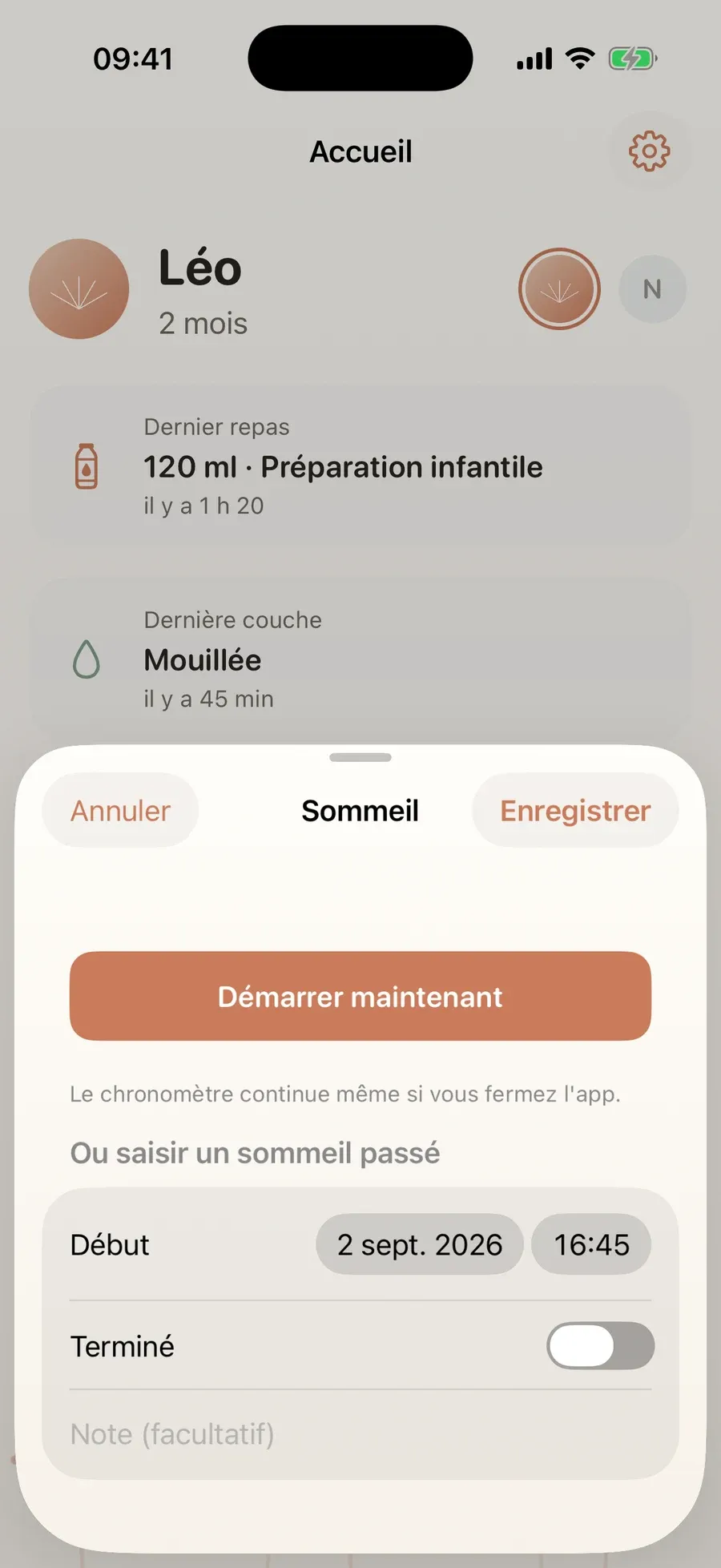 Feuille Sommeil : le chrono d'un sommeil en cours